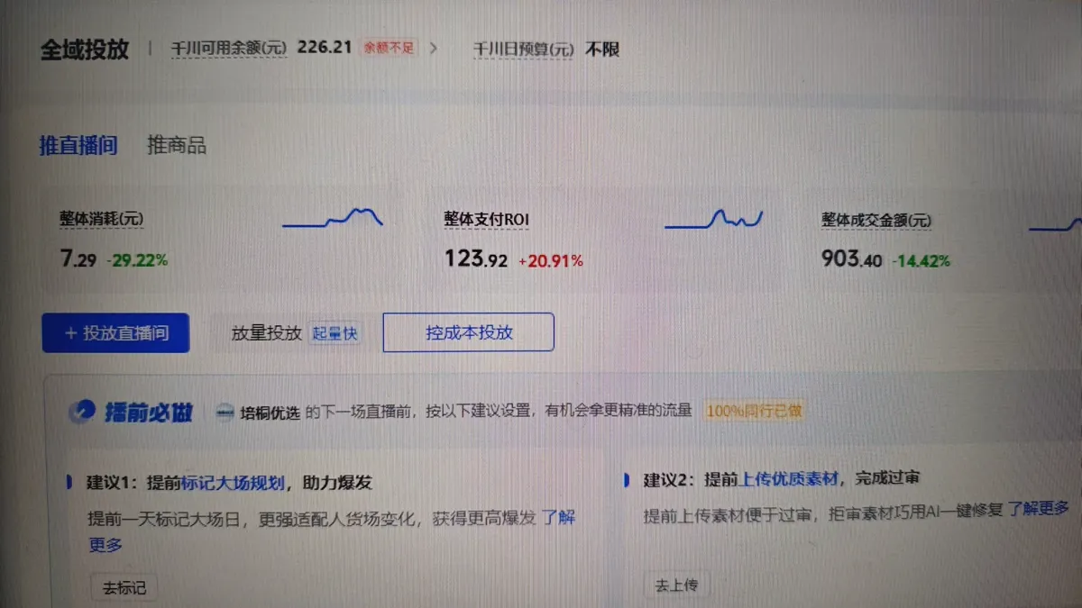 真北AI 无人直播真实案例:千川投放消耗7.29元,ROI 123.92%